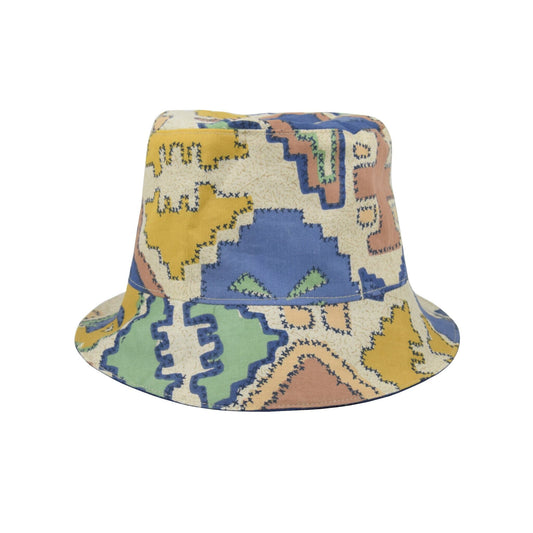 Reversible upcycling bucket hat for kids blue yellow brown green beige pattern