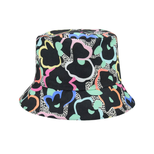 Reversible upcycling hat for kids with black flowers pattern