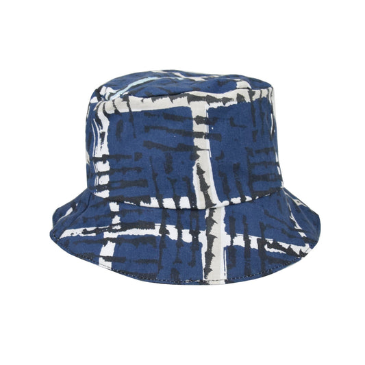 Upcycling reversible bucket hat for kids with blue white and black patterns