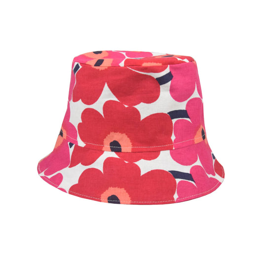 Reversible upcycling hat for kids with big flowers pattern red and pink