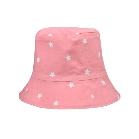 Reversible, upcycling bucket hat for kids with white stars pattern on pink fabrics