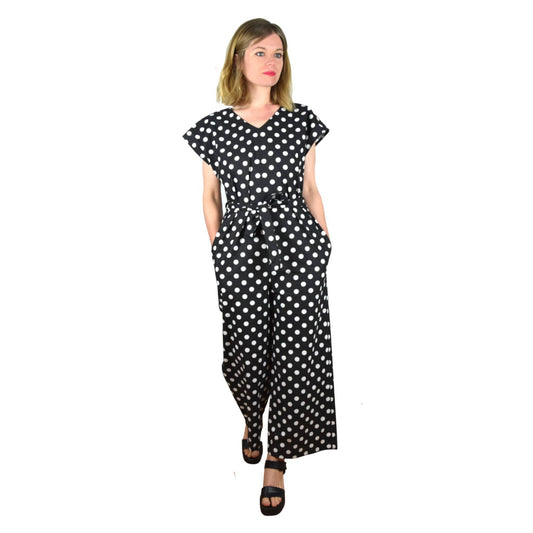 Summer overall made from organic cotton fabric white polka dots on black background