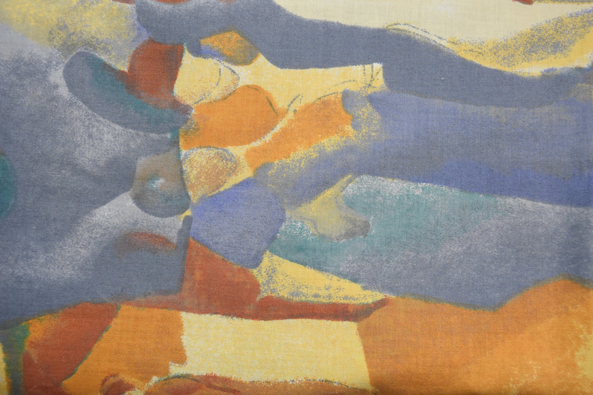Upcycling cotton fabric with blue red rust yellow abstract pattern